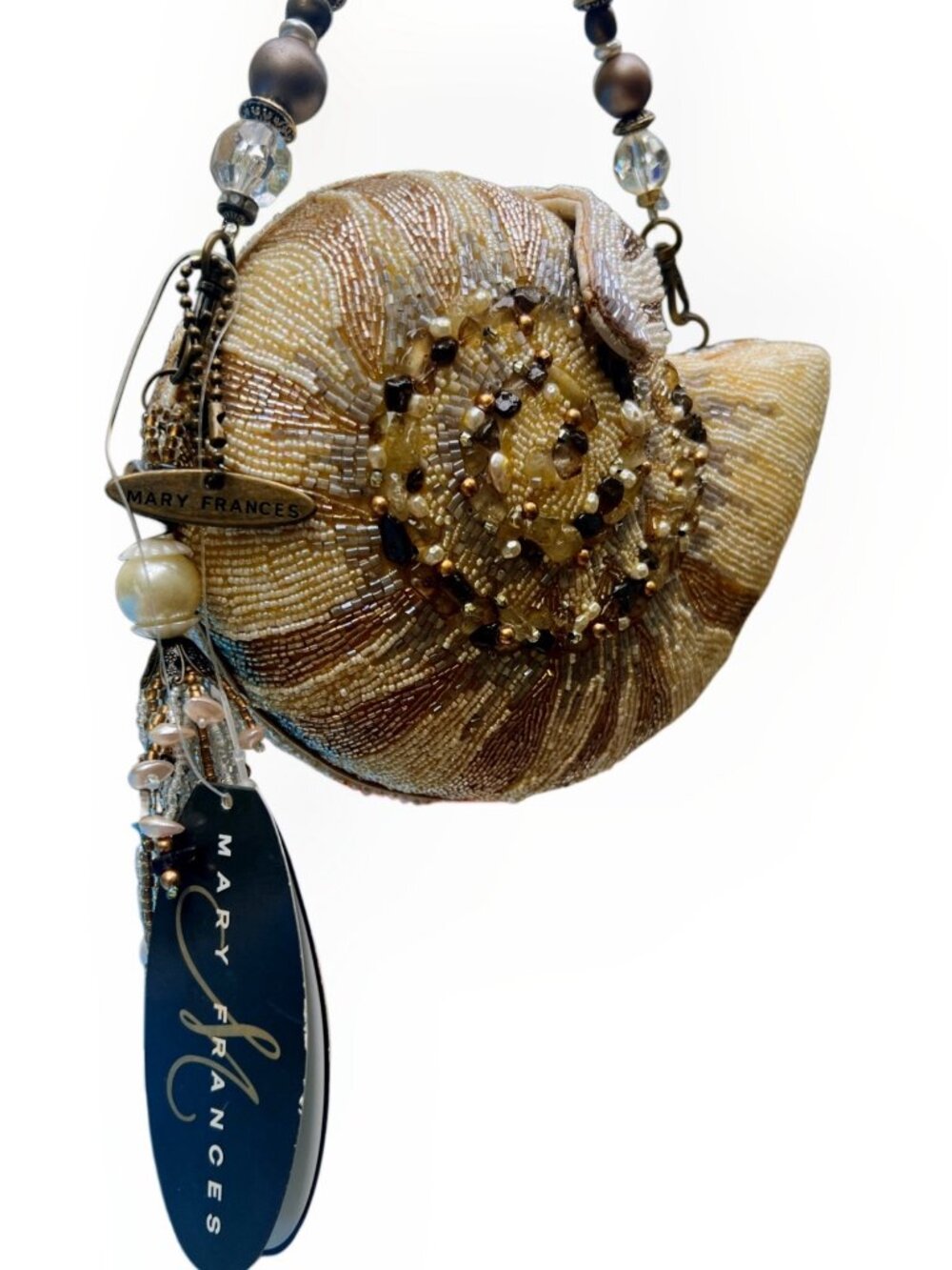 Mary Frances Beaded Nautilus Shell Clutch With Detachable Strap & Pearl Tassel - Picture 7 of 9